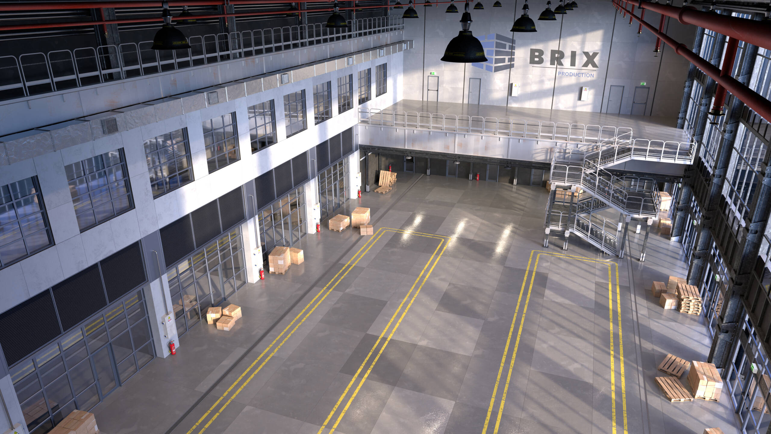 Clean warehouse with pallets and packages. Sunlight streams through large windows. 3d render